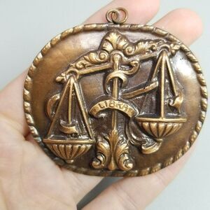 Vintage Large Libra Scales Pendant, Copper Zodiac Sign, Oval Shape, Estate